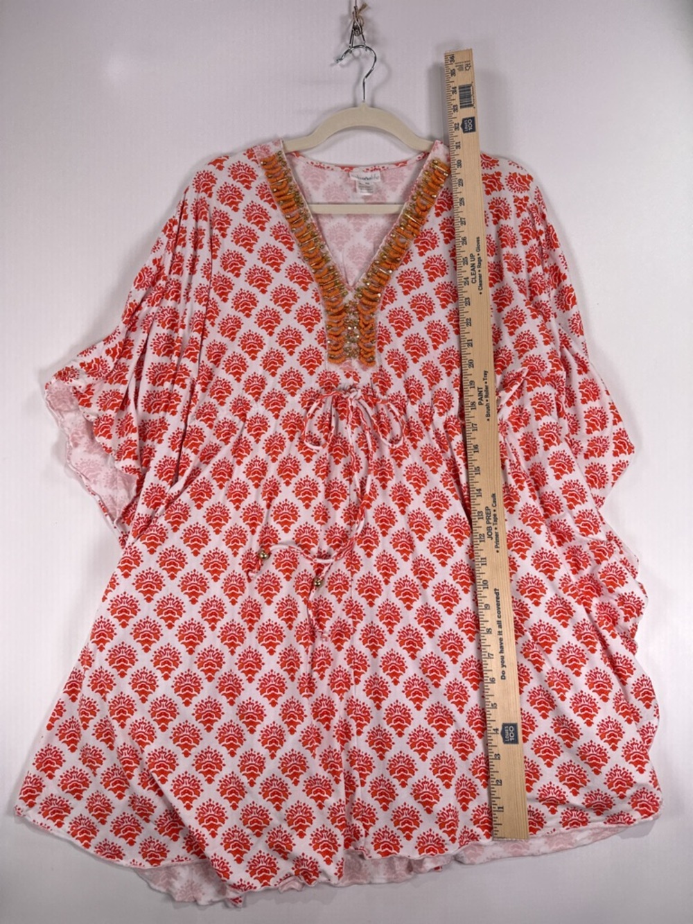 Cabana Life Beaded V-Neck Drawstring Medallion Cover Up Tunic Orange White M - Picture 11 of 12